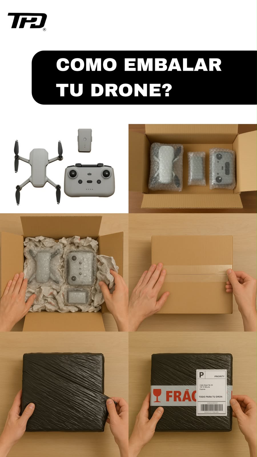 Guía visual para embalar un drone para enviar a TPD