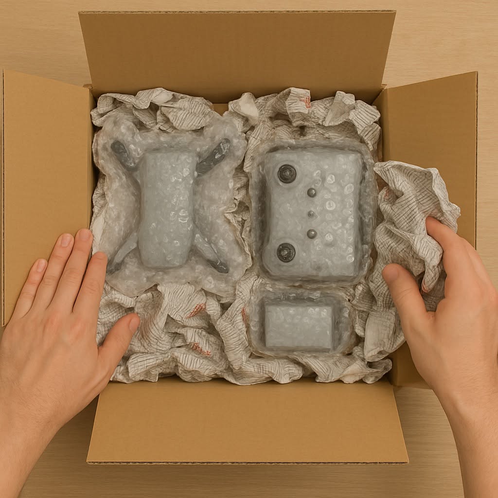 Caja con equipo protegido y espacios rellenos